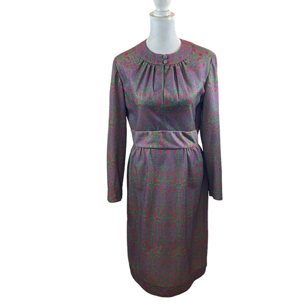 Vintage 60/70’s Leslie Fay Knits Print Ling Sleeve Midi Dress Size Medium